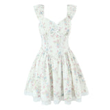 KYLETHOMASW  -  French Style Floral Print Mini Summer Dress Women Flying Sleeves V Neck Lace Spliced A-line Dresses Party Robe Vestidos