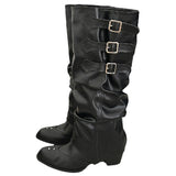 KYLETHOMASW  -  Vintage Belt Buckle Women Knee High Boots Fashion Removable Shoes Autumn Winter Ladies Elegant Thick Heel Knight Long Booties