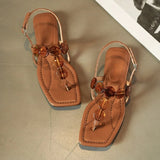 KYLETHOMASW  -  Women Beaded Clip Toe Flat Sandals Square Open Toe Ankle Buckle Strap Flip Flops Summer Beach Casual Dress Shoes