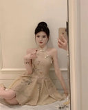 KYLETHOMASW  -  Women Chinese Style Vintage Sexy Halter Sleeveless Mini Dress Summer Stand Collar High Waist Slim Elegant Party Dresses Vestidos