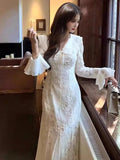 KYLETHOMASW  -  Autumn Embroidery Mermaid Dress for Women Flare Sleeve V-neck Lace-up Slim Evening Party Robe Elegant One Piece Vestidos Mujer