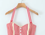 KYLETHOMASW  -  Sexy Red Plaid Print Halter Dress Women Slim Low Waist Spliced Khaki Wood ears Lining Swing Ball Gown Short Dresses Summer Robe