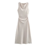 KYLETHOMASW  -  Summer New Women Sleeveless Dress Fashion Temperament Sexy Silk Satin Texture Solid Color Midi Long Dress Women Elegant