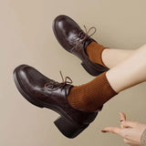 KYLETHOMASW  -  Womens Cowhide Lace Up Flat Shoes Oxford Round Toe Retro British High-Quality Soft Comfortable All Season Daily Shoes