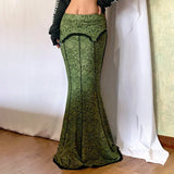 KYLETHOMASW  -  Y2K Vintage Fashion Elegant Green Trumpet Long Skirt Graphic Printed Lace Trim High Waist Skirt Women Aesthetic