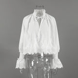 KYLETHOMASW  -  Women French Style White Blouse Lace Splicing Patchwork Shirt Elegant Flare Bell Sleeve Long Sleeve Casual Ladies Daily Tops