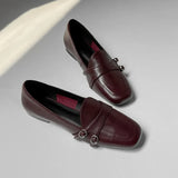 KYLETHOMASW  -  Elegant Burgundy Square Toe Loafers Women Fashion Metal Buckle Stitching Designer Shoes Comfortable Commuting Flat Office Shoes