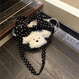 KYLETHOMASW  -  Korean Cute Black Polka Dot Puppy Crossbody Bag Women Cartoon Canvas Handbag Ladies Harajuku Sweet Large Capacity Shoulder Bags