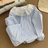 KYLETHOMASW  -  Lace Crew Neck Plaid Flower Print Pajamas Set Loose Casual Korean Sweet Plus Size Women's Pajamas Autumn Winter New Loungewear