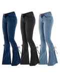 KYLETHOMASW  -  Designer Women's Flared Jeans Pants Bow Lace Up Y2k Jeans for Woman Pockets Pants Skin Tight Pant Streetwear Denim Trousers