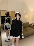 KYLTHOMASW  -  Sporty Chic Striped Oversized T-shirt with Bow Black Long Sleeve Tee Shirt Women Korean Fashion Kpop Lace Patchwork Tops