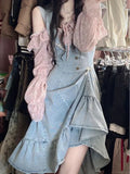 KYLETHOMASW  -  French Elegant Fairy 2 Piece Dress Set Female Floral Long Sleeve Tops + Denim Strap Dress 2023 Summer Korean Fashion Suits