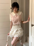 KYLETHOMASW  -  Cream Ballet Cake Skirt+Knitted Short Sleeve Top 2023 Summer Sweet Set