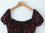 KYLETHOMASW  -  French Retro Black Print Bow Square Collar Short Elastic Puff Dress Women Zipper Back Slim Waist Slit Hem Mini Dresses Robe Blue