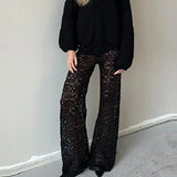 KYLETHOMASW  -  Women Sexy Sheer Black Lace Pants Chic Versatile Wide-leg  Long Trousers New Fashion Flared Pant Outfit Y2k High Streetwear