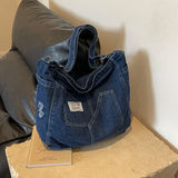 KYLETHOMASW  -  Vintage Faded Blue Slouchy Shoulder Bag For Women, Large Capacity Soft   College Style Fabric Tote Bag With Multiple Pockets