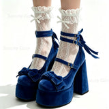 KYLETHOMASW  -  Red Bow Knot Decor Platform Pumps Solid Round Toe Chunky High Heels Shoes High Heel Shoes for Women New Zapatos Para Mujere