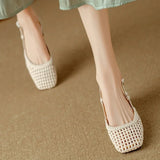 KYLETHOMASW  -  Woven Square-toed High-heeled Sandals Summer Fashionable Skeletonized Leather Fabric Mid-heel Shoes Zapatillas De Mujer