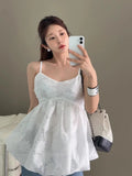 KYLETHOMASW  -  2025 3D Embroidered Jacquard Tank Top Strap Women Summer New Style Unique Design Lotus Leaf Edge Puff Blouse Top