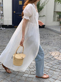 KYLETHOMASW  -  White Summer Slim Long Dress Sweet Women Chic Short Puff Sleeve Streetwear Mujer OL All Match Elegant Daily