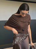 KYLETHOMASW  -  summer new style sloping shoulder off-shoulder T-shirt asymmetric pleated pure color short sleeve