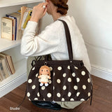 KYLETHOMASW  -  Polka Dot Canvas Tote Bag Pleated Drawstring Design Large Capacity Women Shoulder Bag Casual Daily Shopping Travel Handbag