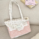 KYLETHOMASW  -  Kawaii Floral Bear Quilted Tote Bag Plaid Splicing Lace Decor Shoulder Bag Cartoon Large Capacity Women Casual School Handbag