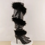 KYLETHOMASW  -  Fashion Leather Pointed Toe Over-the-Knee Boots Round Silver Studded Detail Plush Faux Fur Trim Stiletto Heel Punk Style Boots