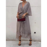 KYLETHOMASW  -  Solid Color Sash Long Dress Bat Sleeve Irregular Hemline Maxi Dress Plus Size