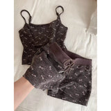 KYLETHOMASW  -  2Cute Bow Print Ribbed Loungewear Set Women Adjustable Thin Strap Tank Top Elastic Short Pants Daily Nightwear