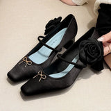 KYLETHOMASW  -  Elegant Satin Flower Chunky Heel Dress Pumps Women Metal Bow Square Toe Design Mary Jane Shoe Ladies Luxury Wedding Bridal Heels