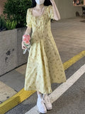 KYLETHOMASW  -  Women Summer Fashion Floral Print Ruffle Bandage Sweet Chic Midi Dress Casual Square Collar Short Sleeve Slim Slit Beach Dresses