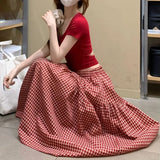 KYLETHOMASW  -  Pleated Skirts for Women Plaid Spring Summer A-line Elegant Vintage Long Skirt Korean Fashion Versatile Sweet Faldas Mujer