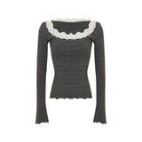 KYLETHOMASW  -  Korean Style Lace Splice Striped Long Sleeve Women's T-shirt Slimming Base Layer Shirt Beautiful Top for Autumn New Arrival