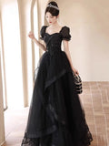 KYLTHOMASW  -   New Graduation High School Dress French High end Black Long Evening Dresses for Women Bubble Sleeve Bridesmaid Wedding Dress