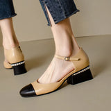 KYLETHOMASW  -  Women Sheepskin Leather Pumps Pearls Chunky Heels Shoes Brand Designer Two Tone Buckle Pumps Wedding Party Dressy Shoes