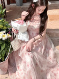 Kylethomasw Y2K Elegant Print Chiffon Halter Dresses for Women Sweet Pink Casual Sleeveless A-line Kawaii Party Dress Fairy Princess Vestido