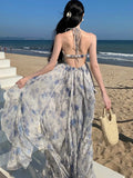 KYLETHOMASW  -  Sweet Boho Floral Print Womens Dresses Korean Halter Backless Birthady Party Dress Summer Holiday Beach Vestidos Casual Robe New