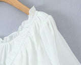 KYLETHOMASW  -  Sweet White Embroidery Hollow Out Hole Splice Lace Elastic U Collar Short Sleeve Shirt Women Center Buttons Slim Crop Tops
