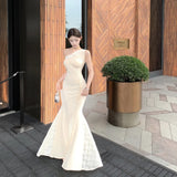 KYLETHOMASW  -  French Women Beige Patchwork Lace Elegant Sexy Backless Slanted Shoulder Long Dresses Summer Vacation Party Fishtail Dress Trend