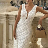 KYLETHOMASW  -  Solid Color Hollow Knitted Beach Vacation Dress Elegant Sleeveless Skinny Cover-up Dress Women Sexy Perspective Swimwear Dress