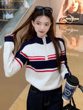 Kylethomasw American Retro Striped Sweater Women Half Zipper Knitwear Pullovers Oversized Streetwear Raglan Sleeve Winter Clothes