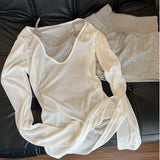 KYLETHOMASW  -  Korean Women Autumn 3Pcs Home Loungewear Contrast Color Mock Layer Design V Neck Long Sleeve Casual Ladies Sleepwear Outfit