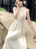 Kylethomasw Elegant Dresses for Women Solid New Summer Holiday Style Halter Sleeveless A-line French Evening Dress Party Prom Robe Vestido