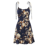 KYLETHOMASW  -  Summer French Vacation Flower Print Lace-up Slim Slash Neck Sleeveless Spaghetti Strap Dresses