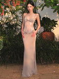 KYLETHOMASW  -  Spaghetti Strap Slim Lace Patchwork Sheer Holiday Party Dresses for Women Summer Khaki Sheath Slim Fit Streetwear Vestido