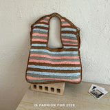 KYLETHOMASW  -  Retro Contrasting Striped Straw Woven Shoulder Bag Hand Crocheted Large Capacity Bag Casual Beach Vacation Hand-held Straw Bag