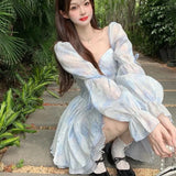 KYLETHOMASW  -  Spring Fall A-line Mini Dresses Blue Vintage Korean Fashion Vestidos Mujer Beach Style Sweet Print Women Dress