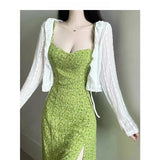 KYLETHOMASW  -  Women's Green Floral Halter Neck A-Line Dress Beach Vacation Waist-Cinching Summer New Style Cleanfit Polyester Sleeveless