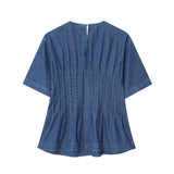 KYLETHOMASW  -  Nordic Minimalist Fashion Washed Distressed Denim Shirt Round Neck Short Sleeve Blouse Women Pullover Top
